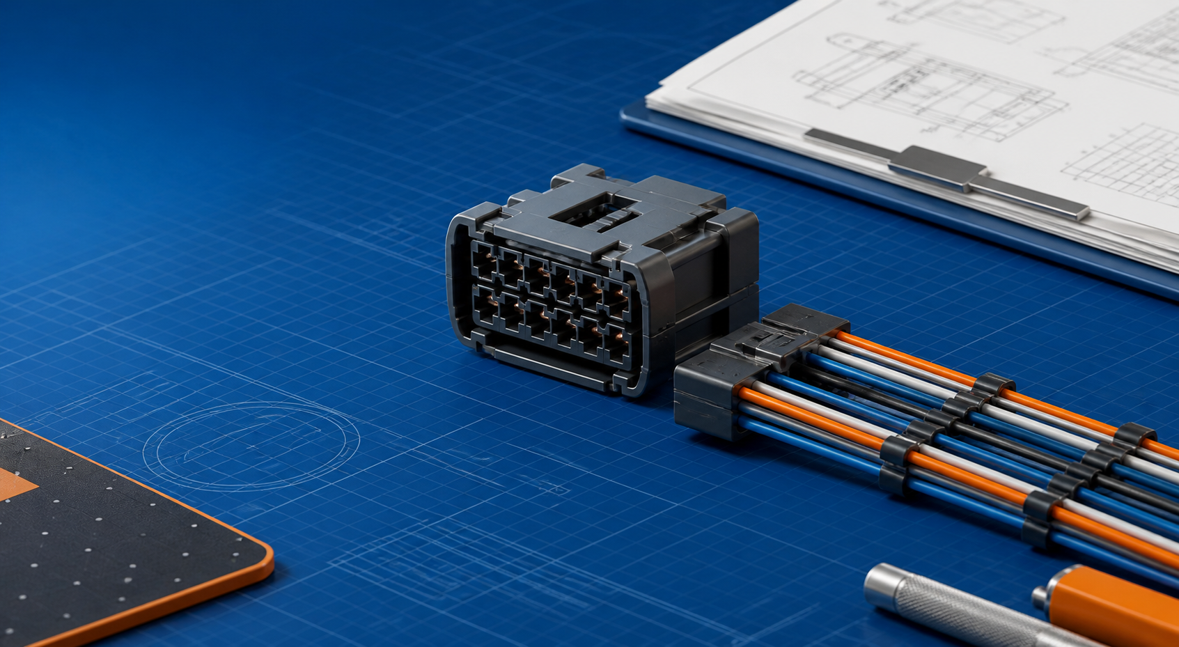 Generic technical illustration of a wire-to-wire connector housing, harness and documentation workspace