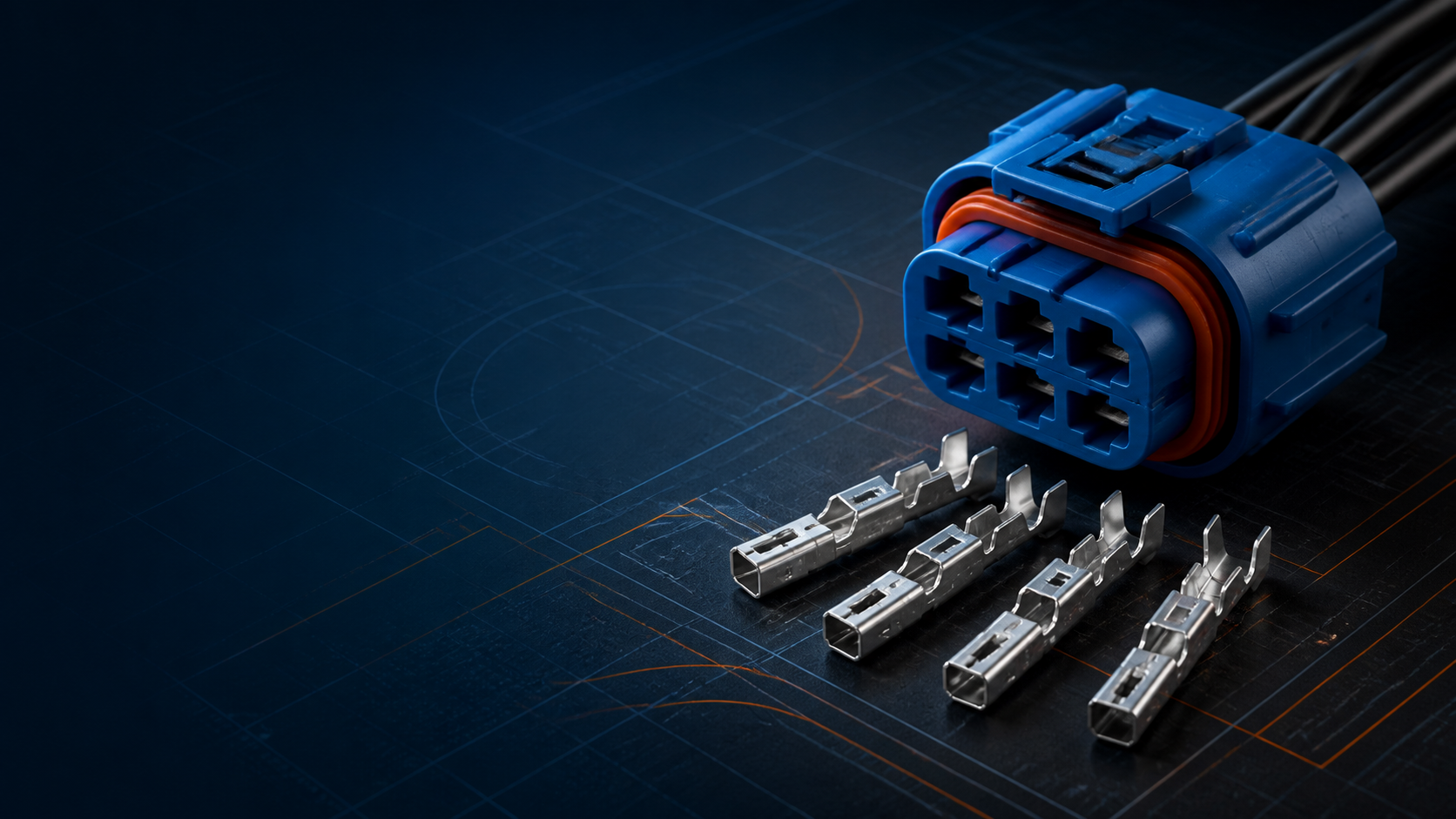Technical illustration of generic sealed automotive connector terminals and a wire-harness connector
