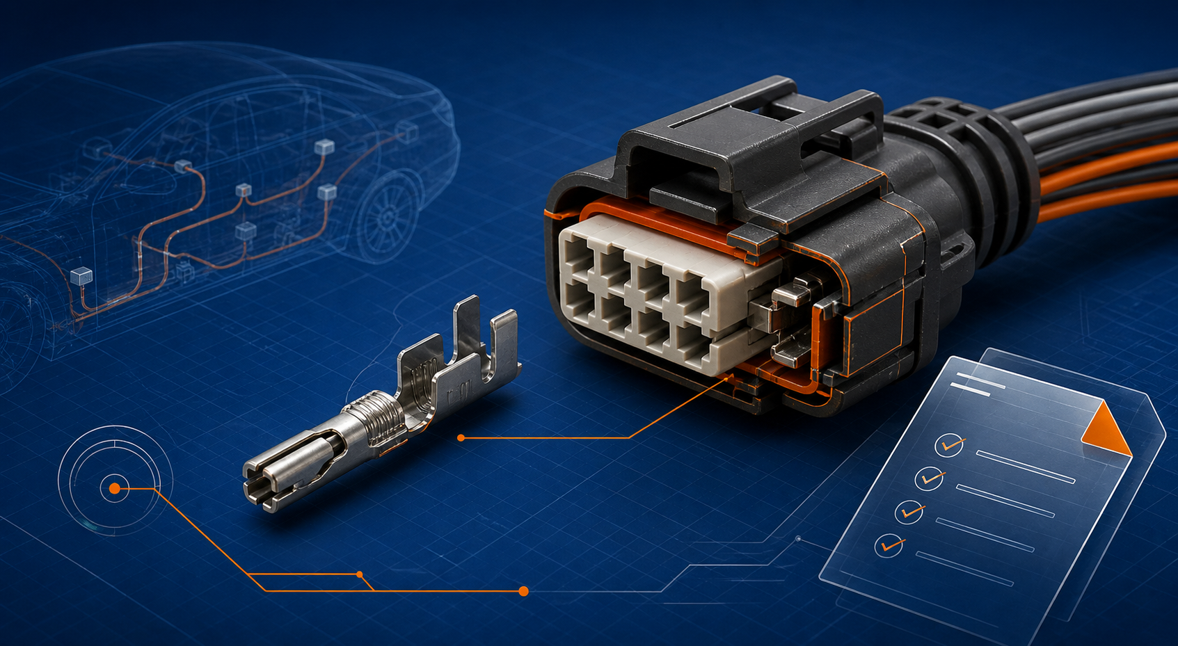 Technical illustration of a generic automotive connector terminal, housing and documentation checklist