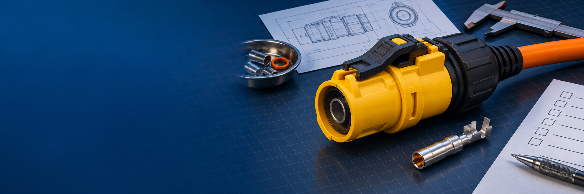 Generic yellow and black single-pole cable connector with drawing, checklist and crimp contact