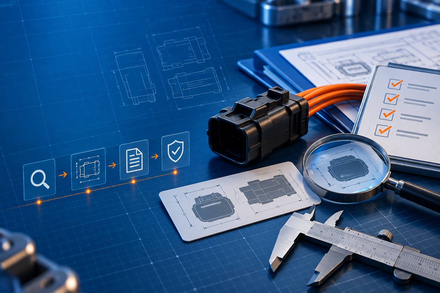 Generic connector wedgelock documentation and inspection scene in blue and orange