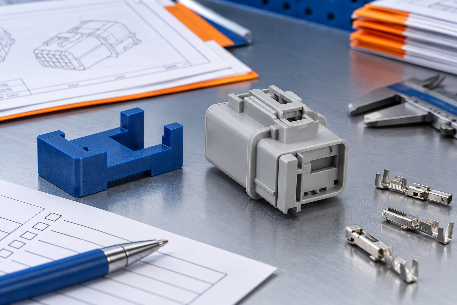 Generic automotive connector housing, keying gauge and controlled-document inspection scene