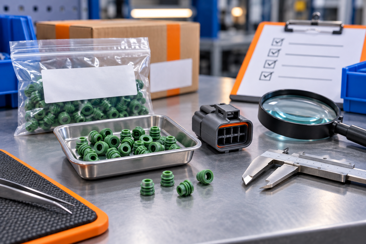 Generic green connector seal receiving and evidence verification scene in blue and orange