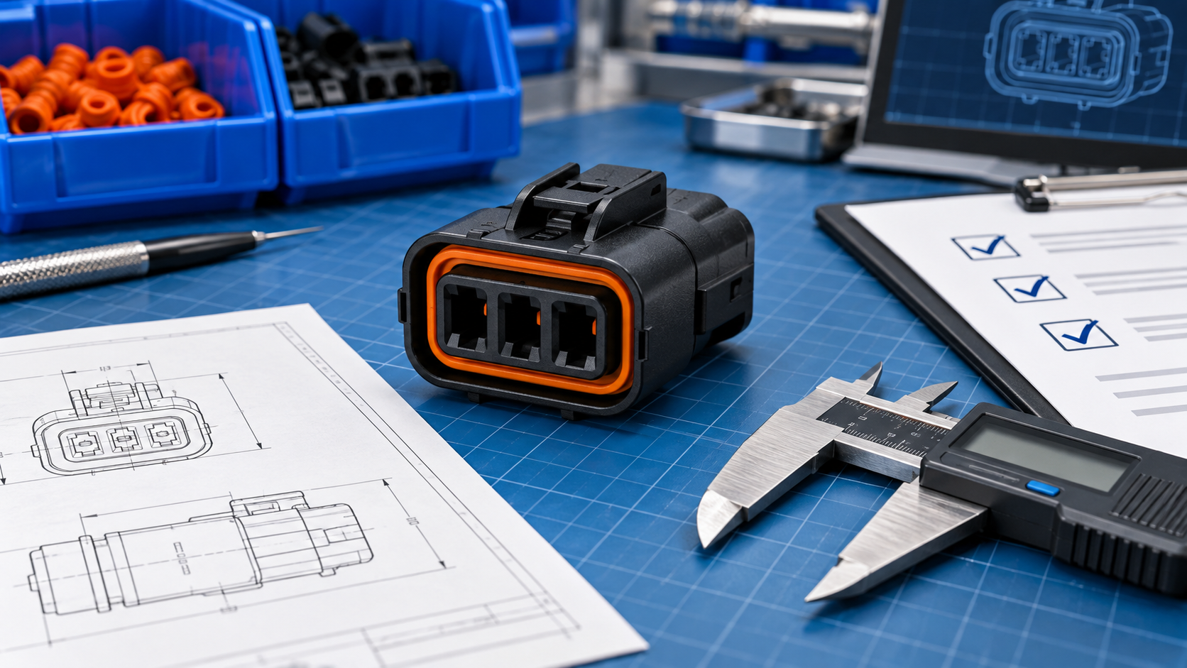 Generic sealed automotive housing assembly verification scene in blue and orange