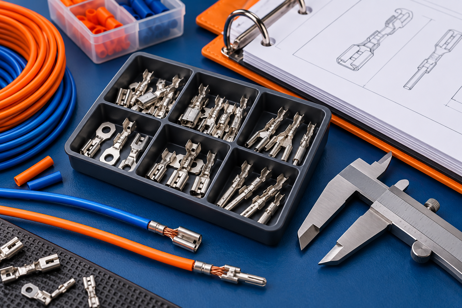 Generic crimp terminals and controlled document review scene; not exact product geometry