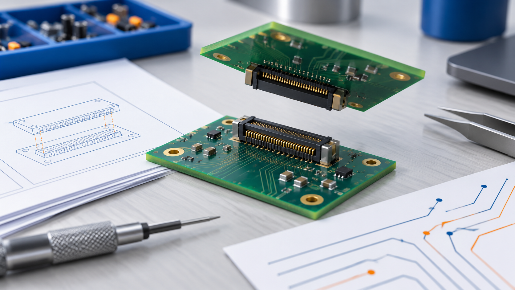 Generic board-to-board connector and PCB documentation review scene; not exact product geometry